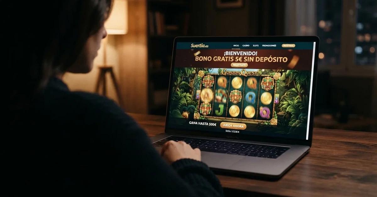 Pantalla de un casino online español mostrando un bono sin depósito de 5 euros junto a una tragaperras en juego