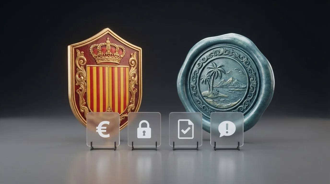Dos columnas enfrentadas: a la izquierda, el escudo de la DGOJ con los iconos de protección al jugador (límite de depósito, autoexclusión, reclamación); a la derecha, el sello de Anjouan con los mismos iconos tachados