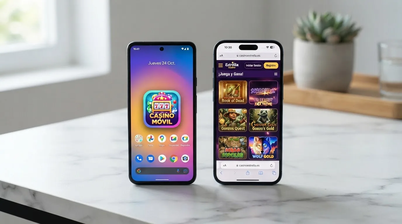 Dos pantallas de móvil comparadas: la izquierda muestra un icono de app nativa de casino en la pantalla de inicio, la derecha muestra un navegador móvil con un casino online abierto