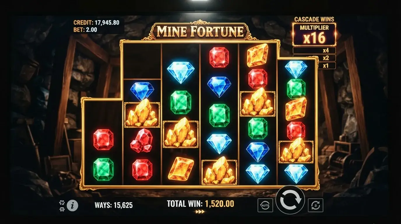 Captura de pantalla de Bonanza Megaways con sus seis carretes de filas variables y la mina de oro al fondo