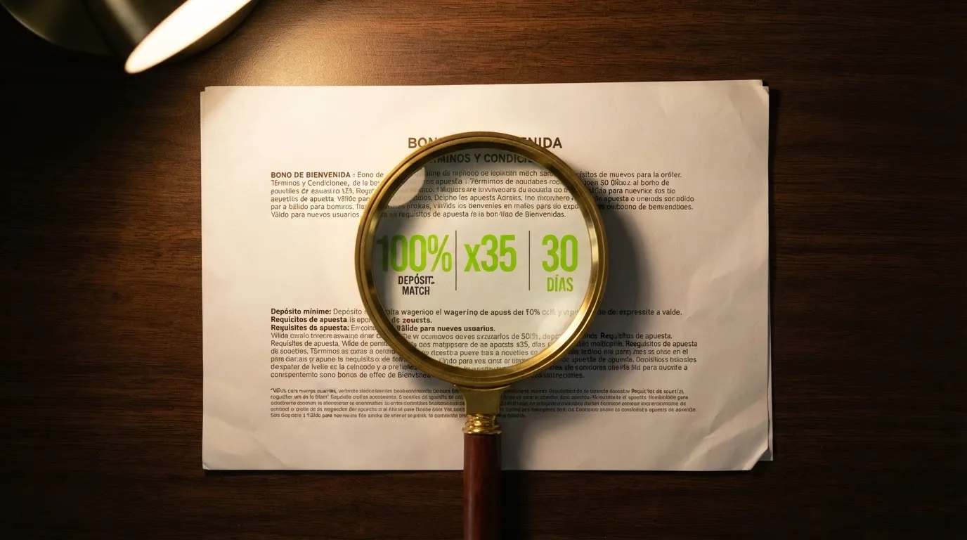 Un primer plano de una mano que sostiene una lupa sobre los términos y condiciones de un bono de bienvenida, con los tres números clave —porcentaje, multiplicador de apuesta, días de vigencia— resaltados con tinta fluorescente