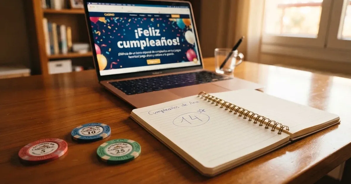 Calendario con una fecha de cumpleaños señalada, junto a fichas de casino y la sección de promociones en la pantalla de un ordenador portátil
