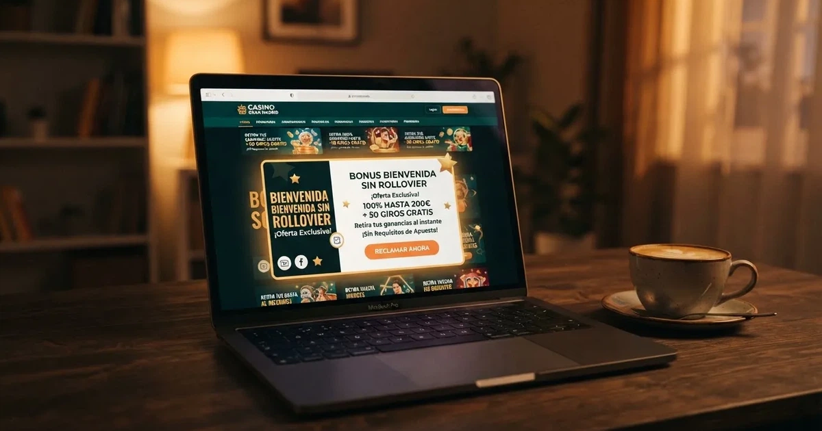 Interfaz de un casino online español con la sección de promociones visible, mostrando un bono destacado sin requisito de apuesta.