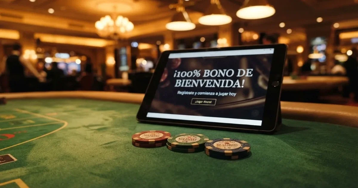 Mostrador de casino online con el texto «100% bono de bienvenida» y fichas de ruleta sobre una mesa de juego.