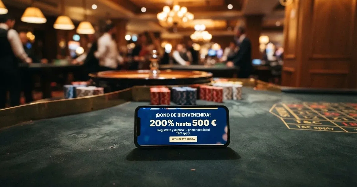 Un teléfono móvil mostrando la pantalla de bienvenida de un casino online español con la oferta «200% hasta 500 €» visible en primer plano