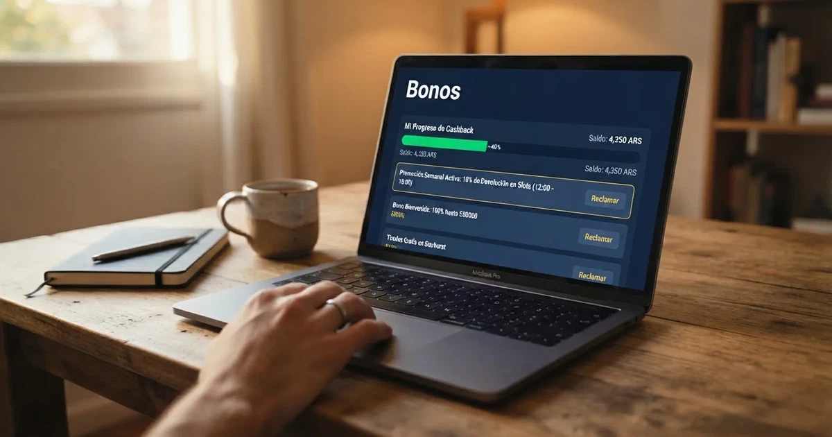 Interfaz de un casino online mostrando la sección de bonos y reembolsos en la pantalla de un ordenador portátil