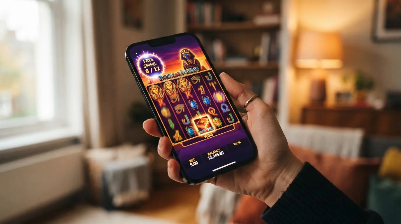 Interfaz de la tragaperras Book of Dead de Play'n GO en un teléfono móvil con tiradas gratis activas