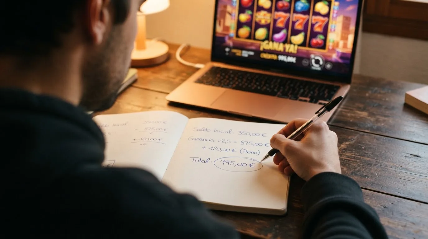 Primer plano de una calculadora sobre una mesa con una pantalla de casino al fondo, mostrando el cálculo del volumen de juego exigido por un requisito de apuesta.