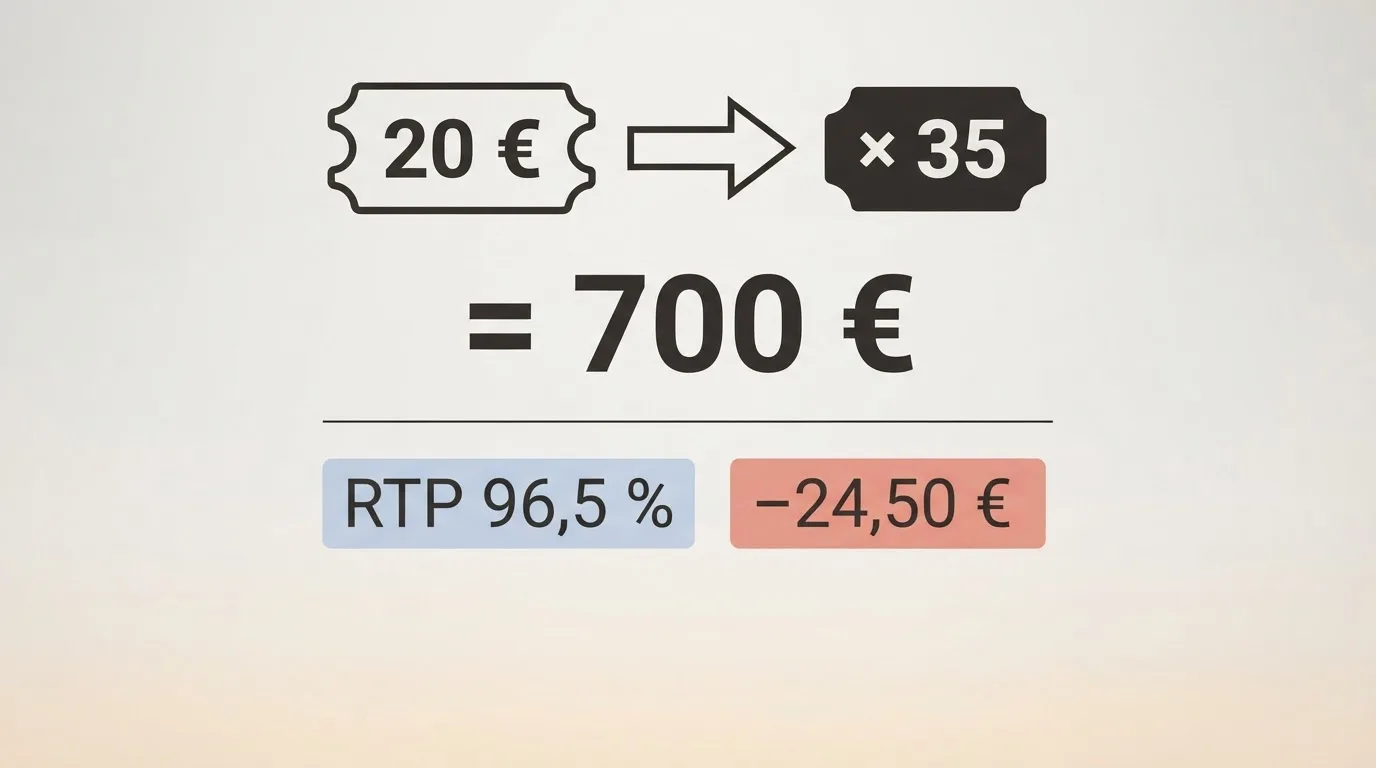 Esquema visual del cálculo de un rollover: 20 euros de bono multiplicados por un requisito de apuesta de 35 veces, con el desglose de la pérdida esperada