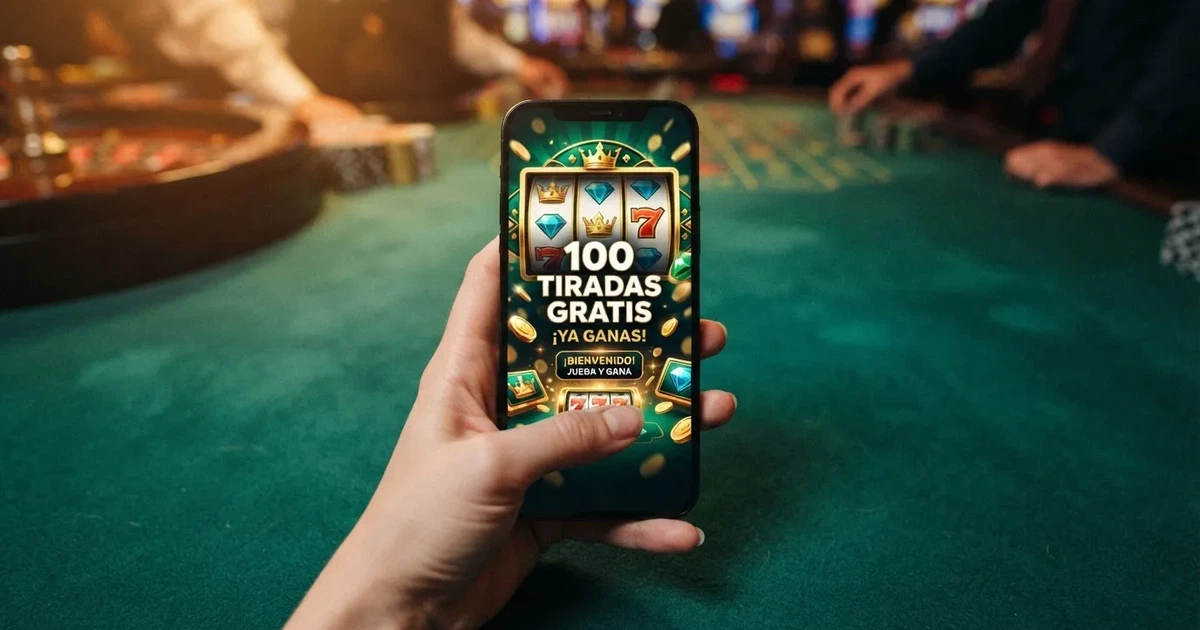 Una mano sostiene un móvil mostrando una ruleta de tragaperras con el texto «100 tiradas gratis» en la pantalla, sobre un fondo limpio con sutiles elementos de casino