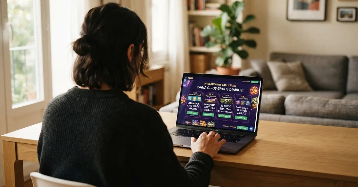 Jugador consultando una página de casino online español con ofertas de tiradas gratis en la pantalla de un ordenador portátil