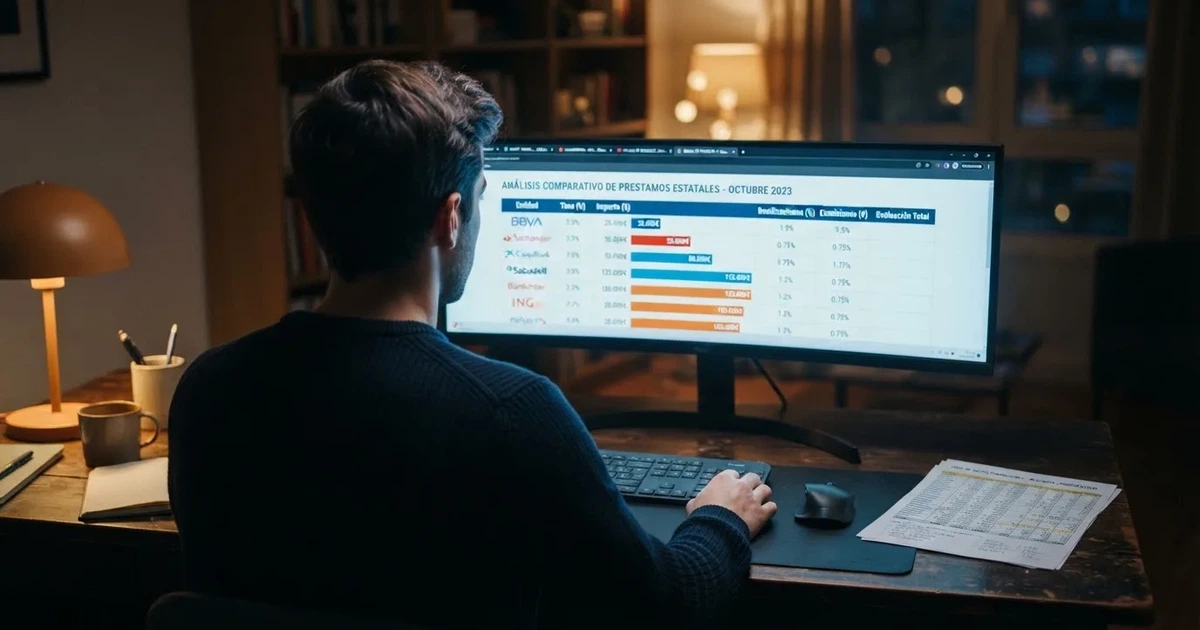 Un jugador consultando una tabla comparativa de ofertas de casino en una pantalla, con el logo de la DGOJ y dominios .es visibles en segundo plano