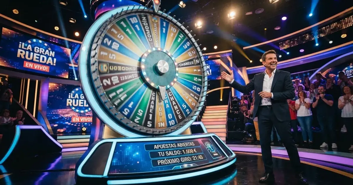 Una rueda de Crazy Time en pleno giro con el presentador de pie junto al panel de apuestas en un estudio de game show en vivo con luces de colores