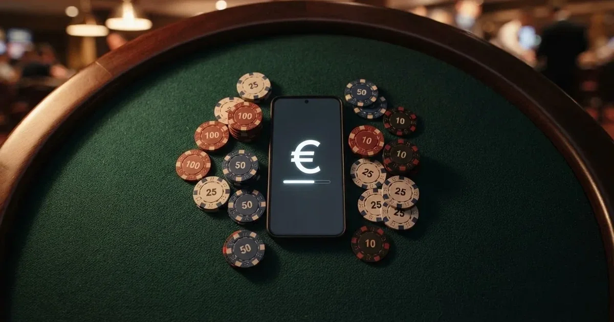 Cartera digital con el logotipo de XRP y fichas de casino sobre una mesa de juego virtual