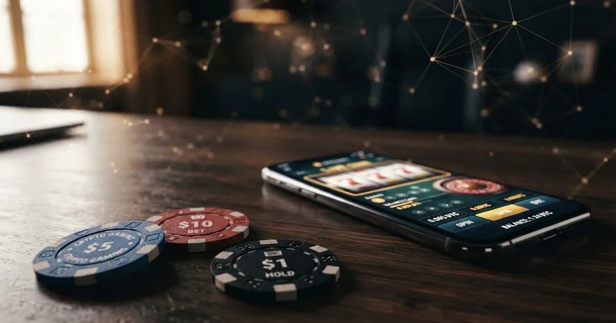 Cartera de criptomonedas con fichas de TRX sobre el logo de la red TRON, frente a una interfaz de casino online con slots y mesa de ruleta