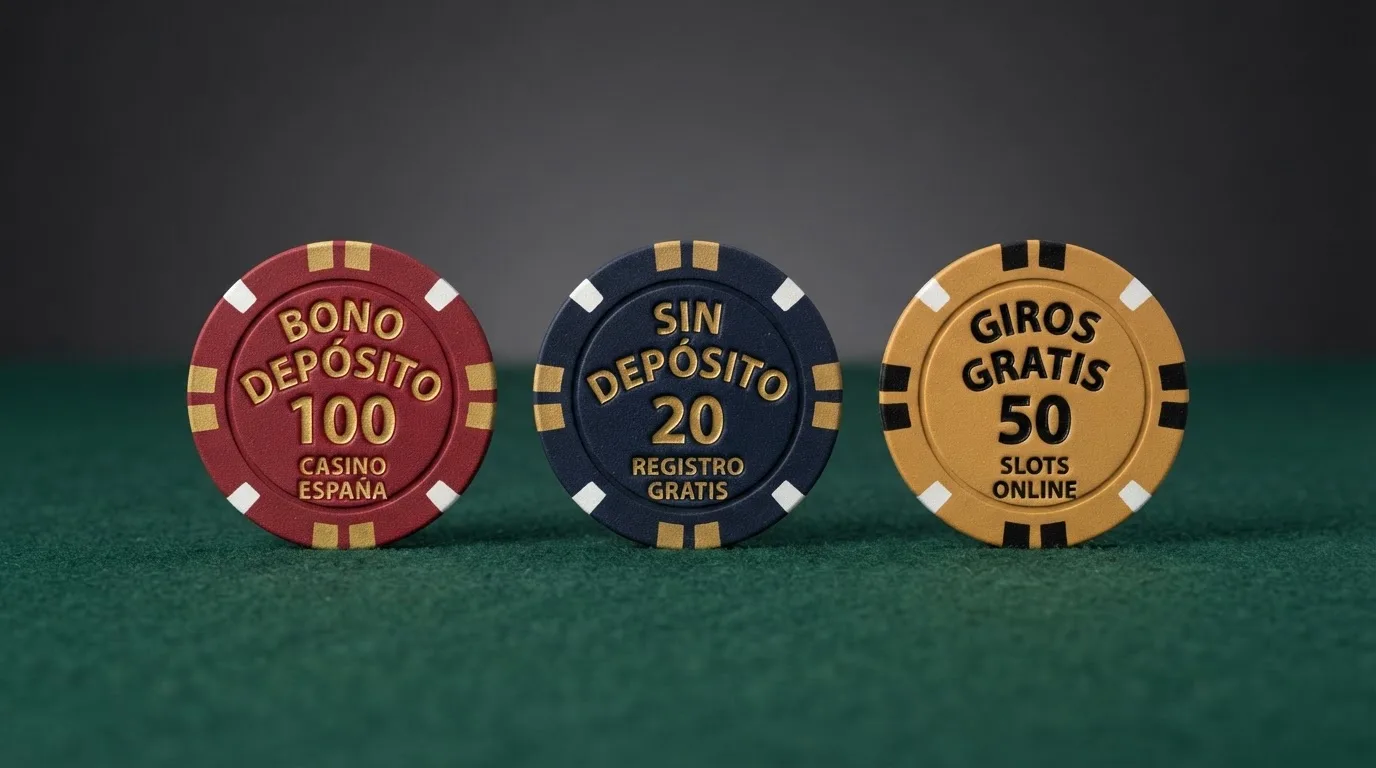 Tres fichas de casino alineadas mostrando un bono de depósito, un bono sin depósito y giros gratis, cada una con su importe y su requisito de apuesta visibles