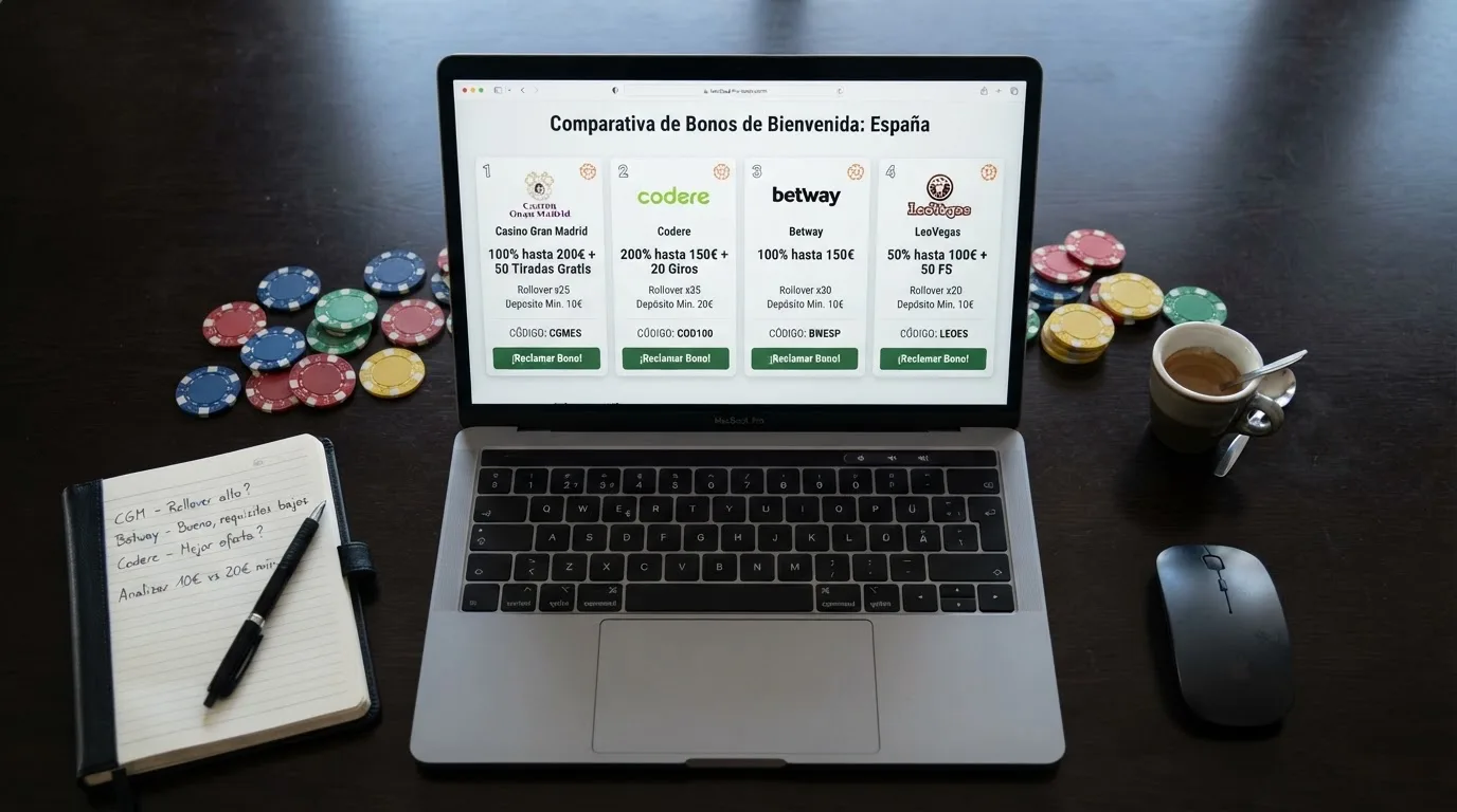 Interfaz de un casino online mostrando varias ofertas de bonos de bienvenida con sus respectivos códigos y condiciones