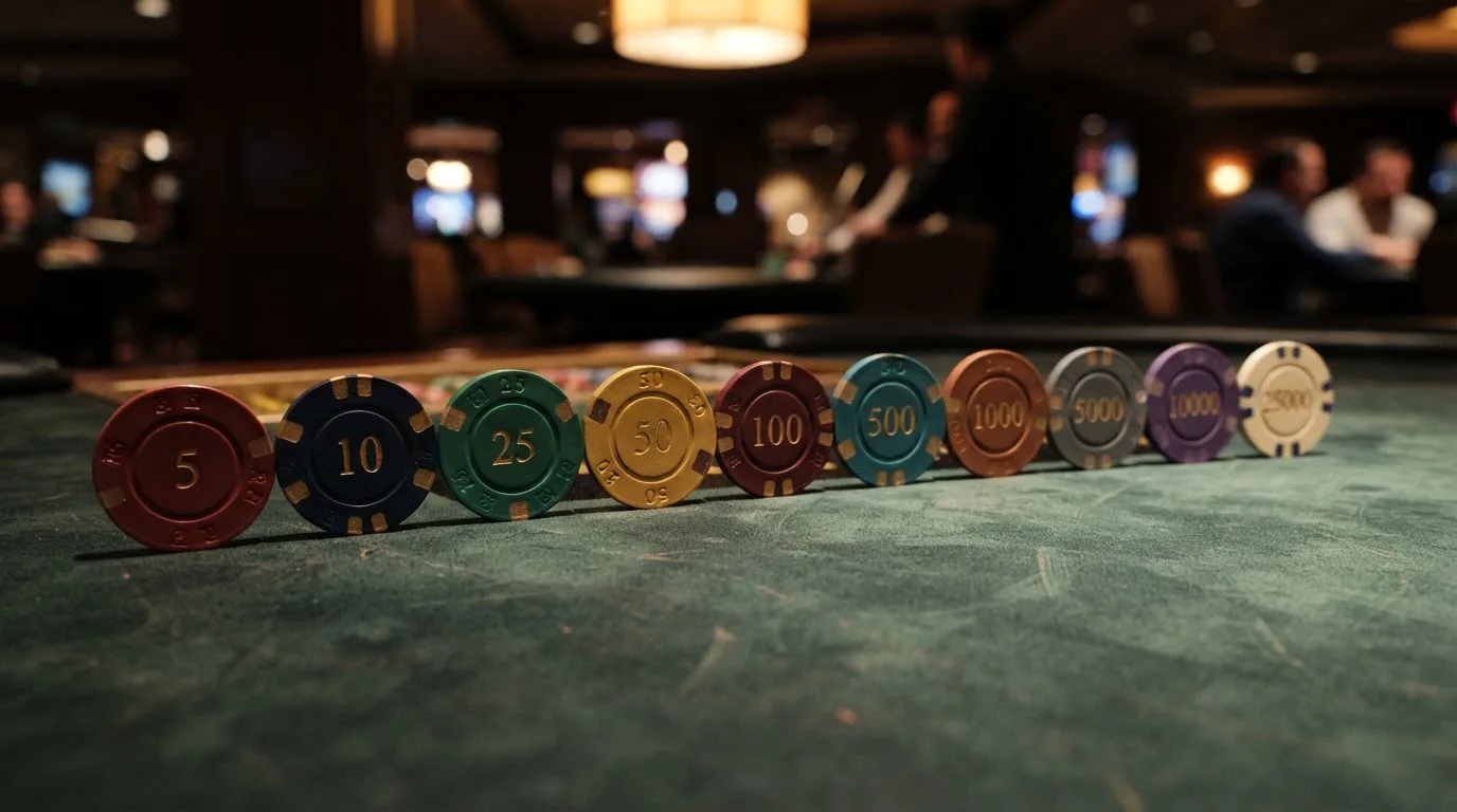 Diez fichas de casino alineadas sobre una mesa de juego, cada una con el nombre de un operador y un valor de bono distinto grabado