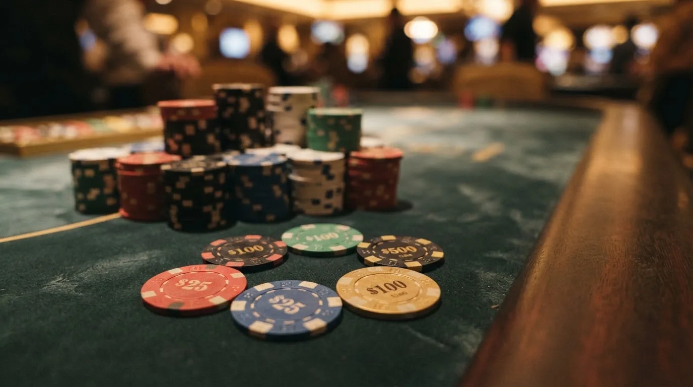 Fichas de casino con los logotipos de los operadores con licencia DGOJ alineados sobre una mesa de juego