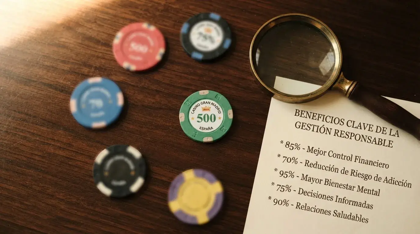 Panel con fichas de casino y una lupa sobre una tabla comparativa con nombres y condiciones de operadores españoles