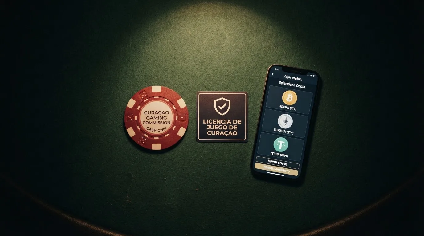 Panel con fichas de varios casinos online mostrando logotipos, licencias de Curaçao y Anjouan, y las criptomonedas aceptadas por cada uno