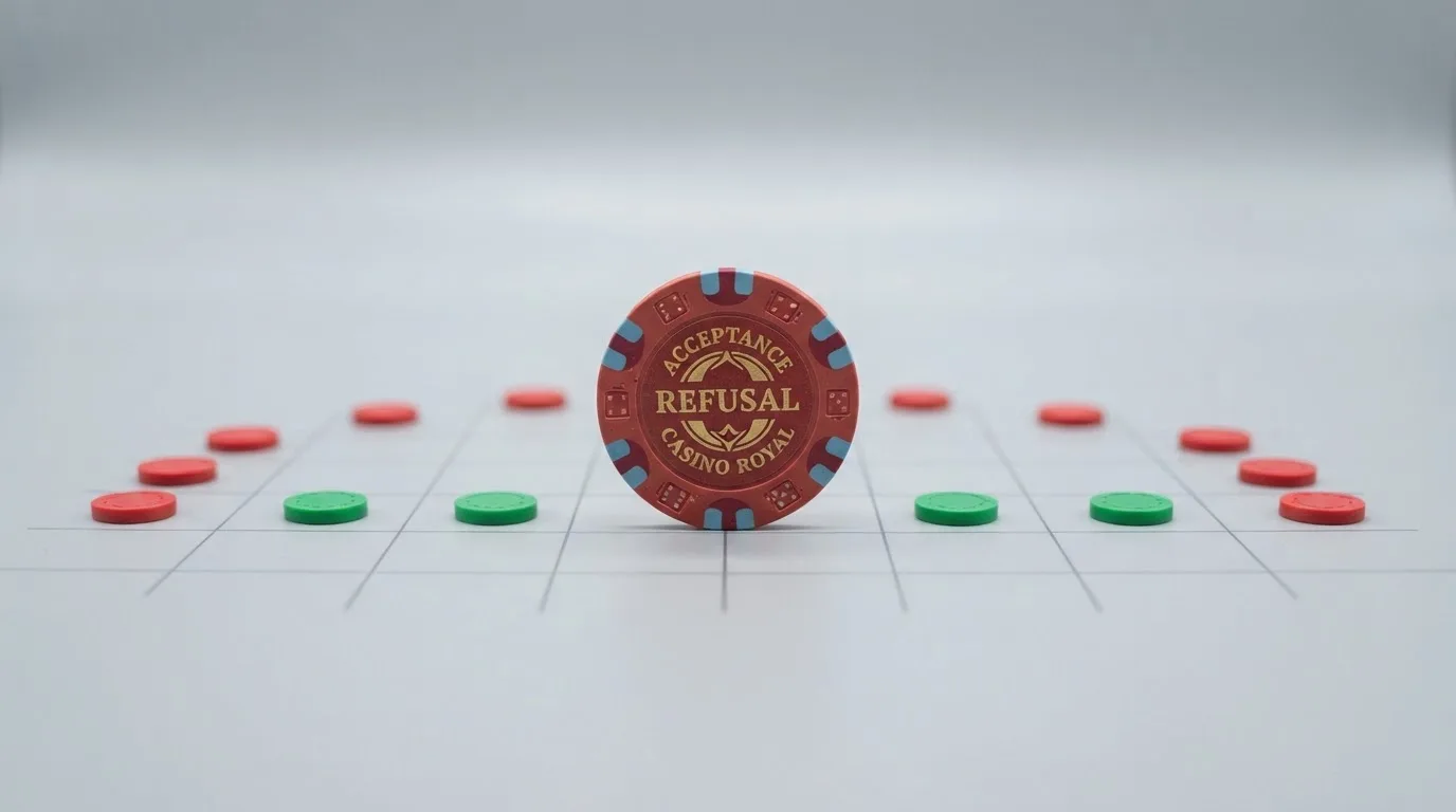 Una mano sostiene cinco monedas de un euro frente a una pantalla que muestra una tabla con logotipos de varios casinos y ticks verdes junto a los que aceptan ese importe