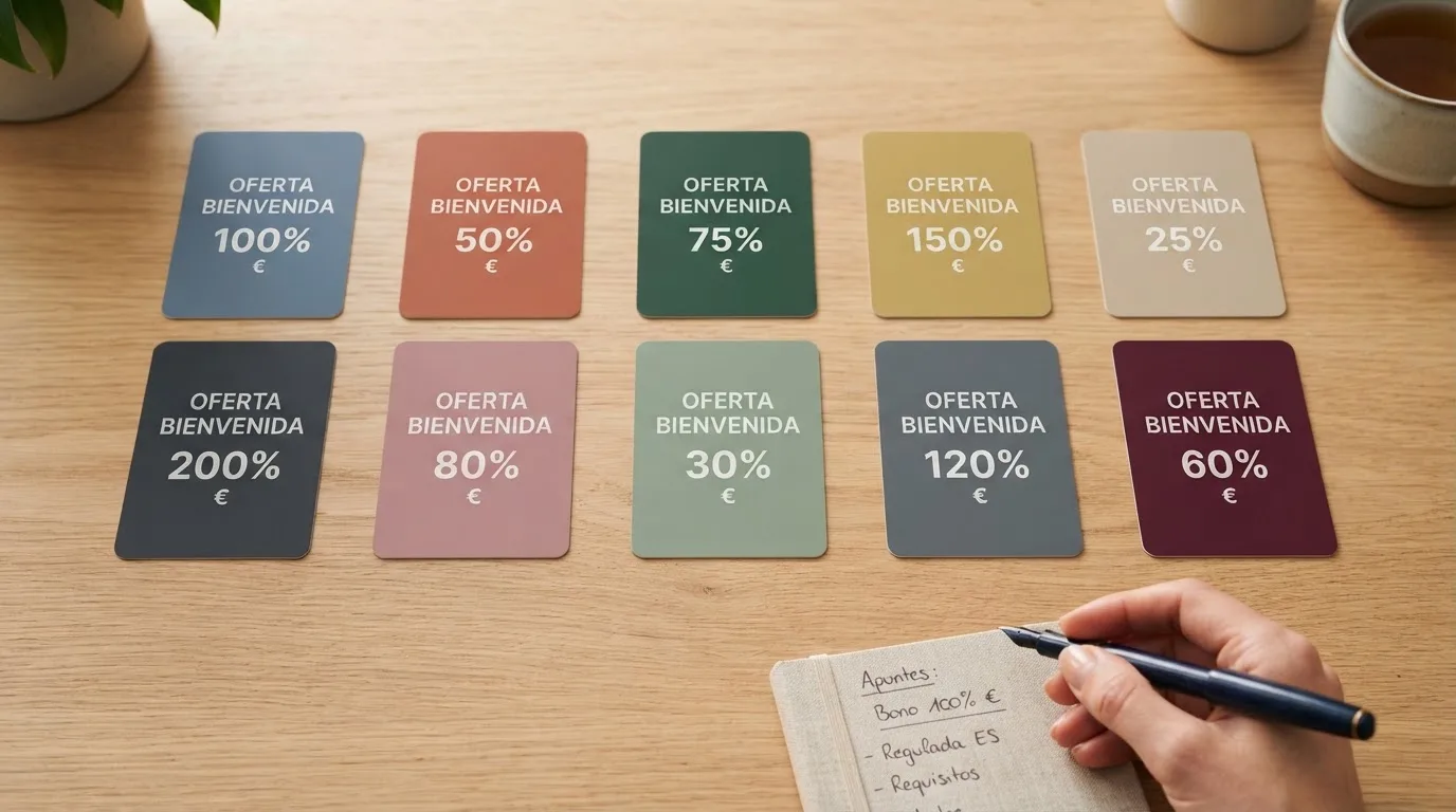 Una cuadrícula visual con las fichas de varios operadores con licencia DGOJ ordenadas lado a lado, destacando los valores de bono, wagering y depósito mínimo de cada uno