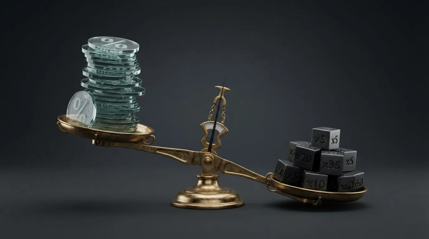 Una balanza conceptual con el porcentaje de bono en un platillo y el multiplicador de rollover en el otro, desequilibrada hacia el lado del rollover