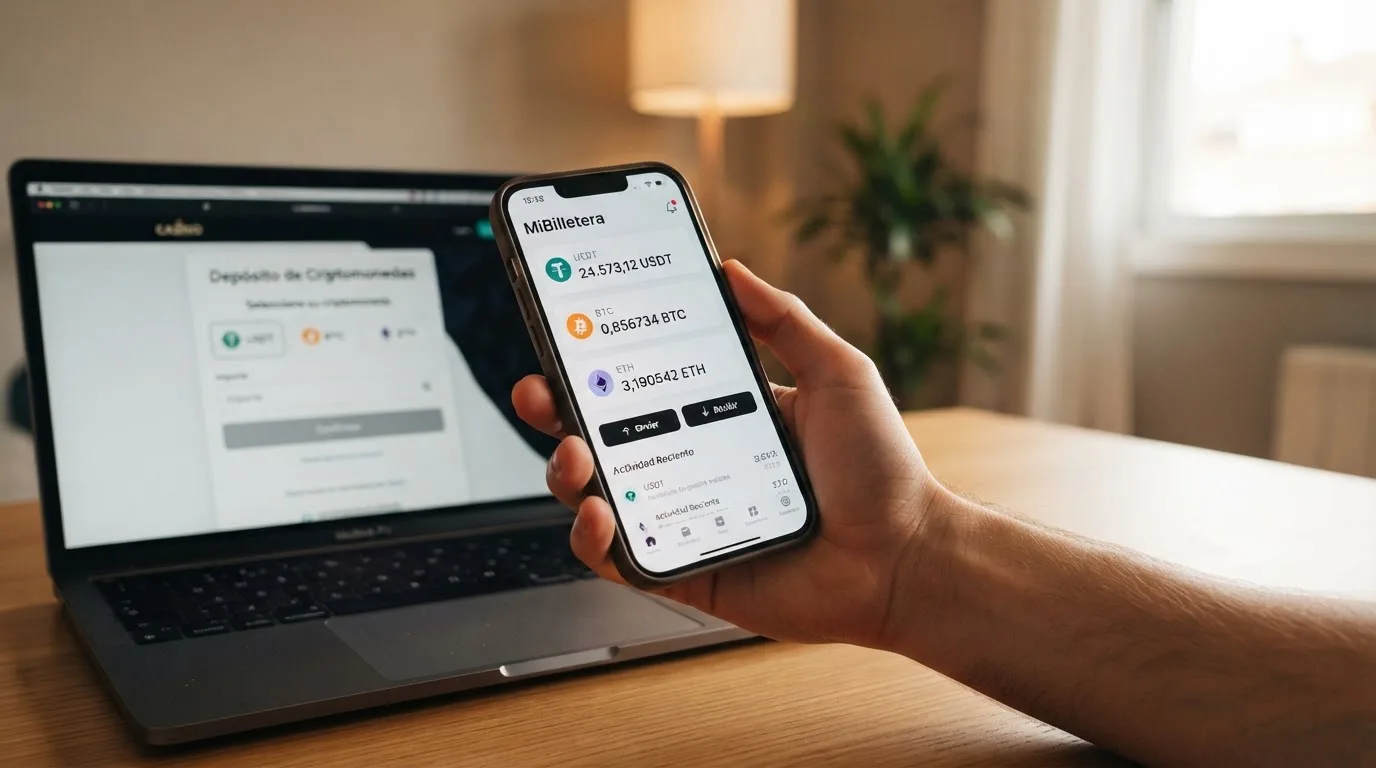 Cartera digital de criptomonedas en un teléfono móvil mostrando saldo en USDT, Bitcoin y Ethereum junto a la pantalla de depósito de un casino online