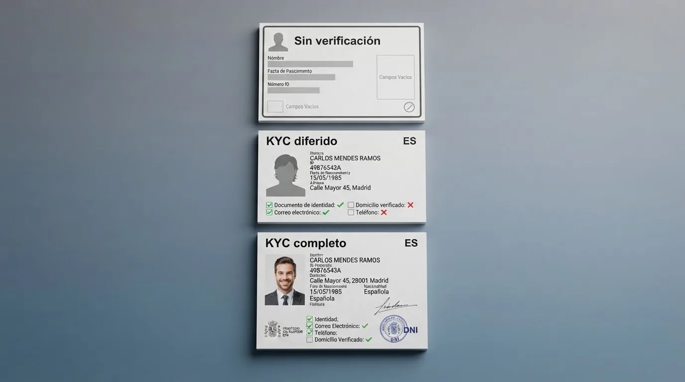 Diagrama de tres niveles: sin verificación, KYC diferido con documentos en la retirada y KYC completo con verificación previa