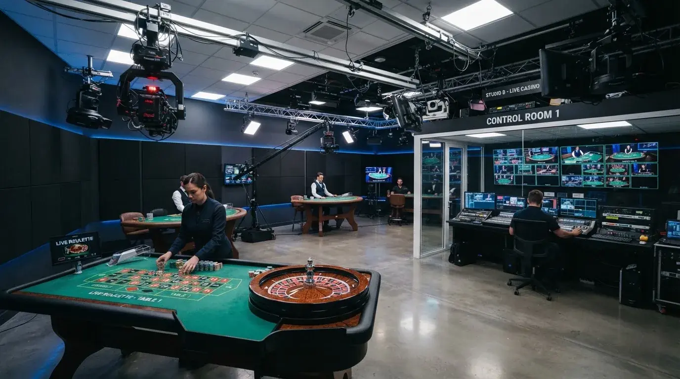 Interior de un estudio de retransmisión de casino en vivo con mesas de ruleta, cámaras y equipo de producción
