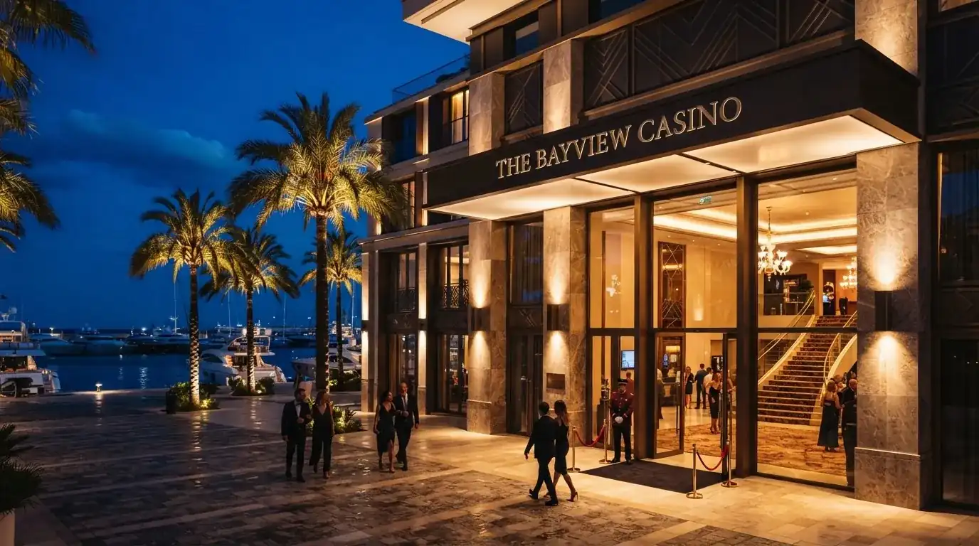 Fachada nocturna del Casino Barcelona en el Port Olímpic con la entrada principal iluminada