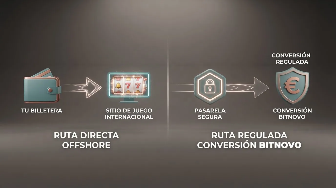 Esquema visual de las dos rutas de depósito con SOL: la ruta offshore directa (monedero → casino) y la ruta Bitnovo Pay (monedero → Bitnovo → conversión EUR → casino DGOJ)