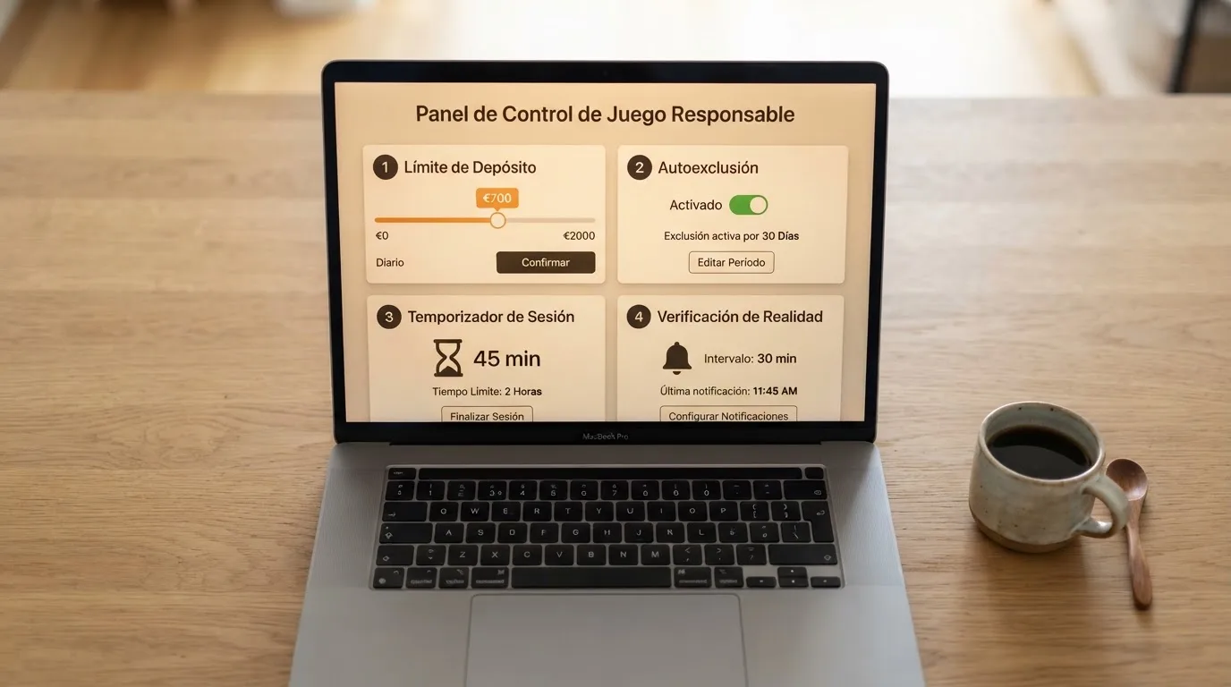 Panel de control de juego responsable en la pantalla de un ordenador, mostrando opciones de límite de depósito diario, autoexclusión, límite de tiempo de sesión y reality check