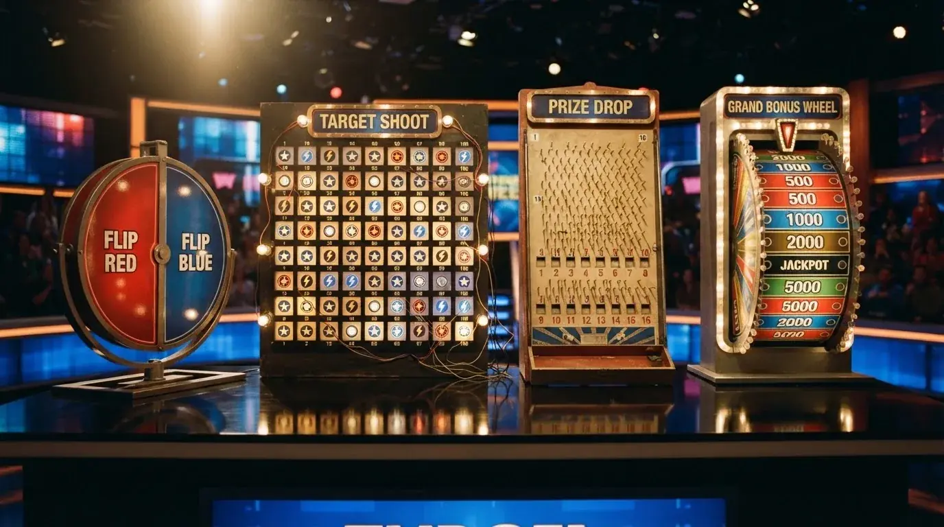 Collage de las cuatro pantallas de bonificación de Crazy Time: Coin Flip con la moneda, Cash Hunt con la pared de símbolos, Pachinko con el tablero de clavijas y la ronda Crazy Time con la rueda gigante