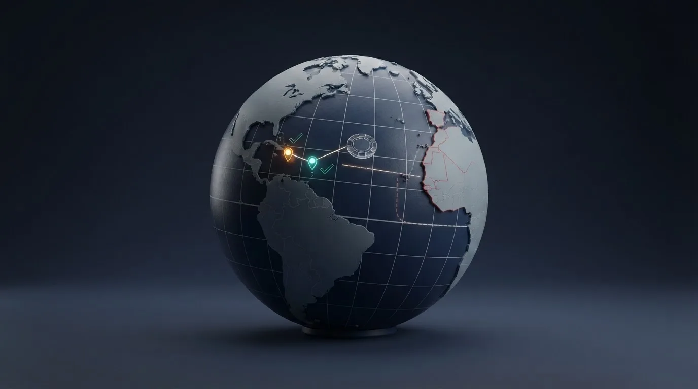 Mapa simplificado con las jurisdicciones desde las que operan los casinos con XRP — Curazao, Anjouan — y la silueta de España fuera de su alcance regulatorio