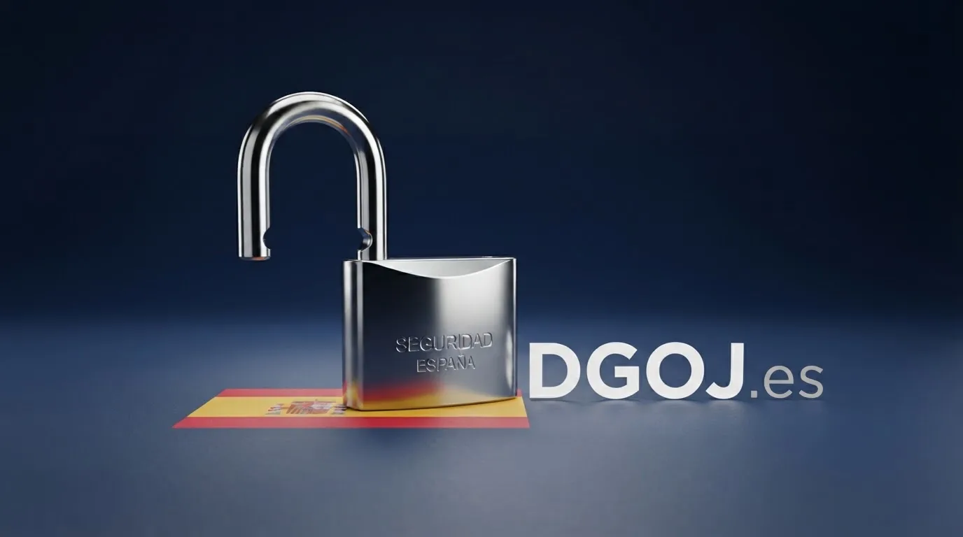 Un candado abierto sobre la bandera de España y la palabra «DGOJ» junto a un dominio .es