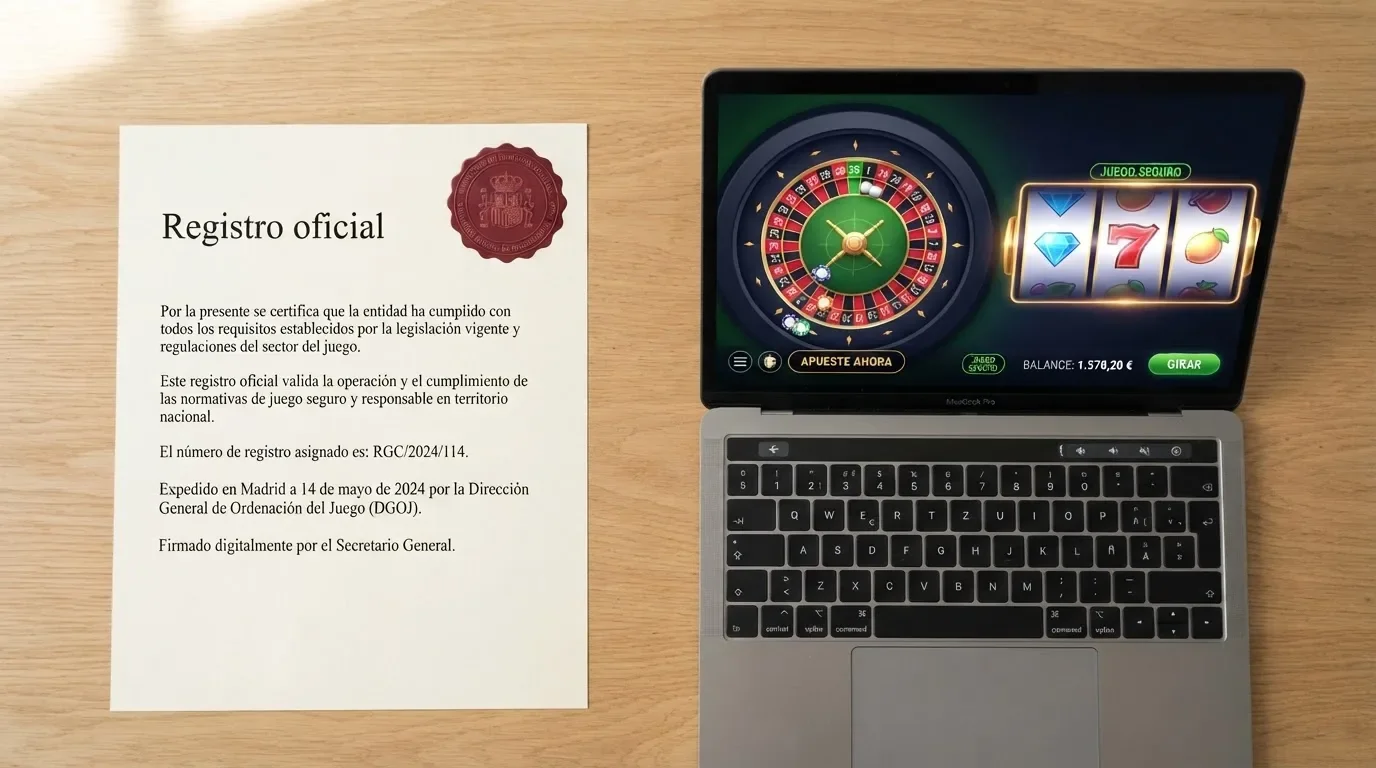Documento oficial con el escudo de la DGOJ junto a una pantalla con la web de un casino