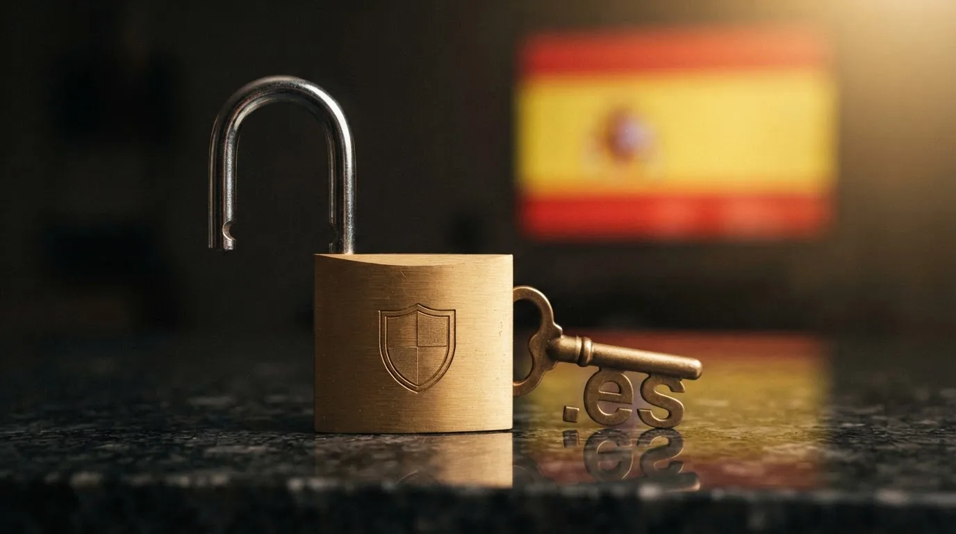 Un candado abierto cuyo cuerpo tiene grabado el logotipo de la DGOJ y cuya llave es un dominio .es, con una sombra que proyecta la silueta de la bandera de España