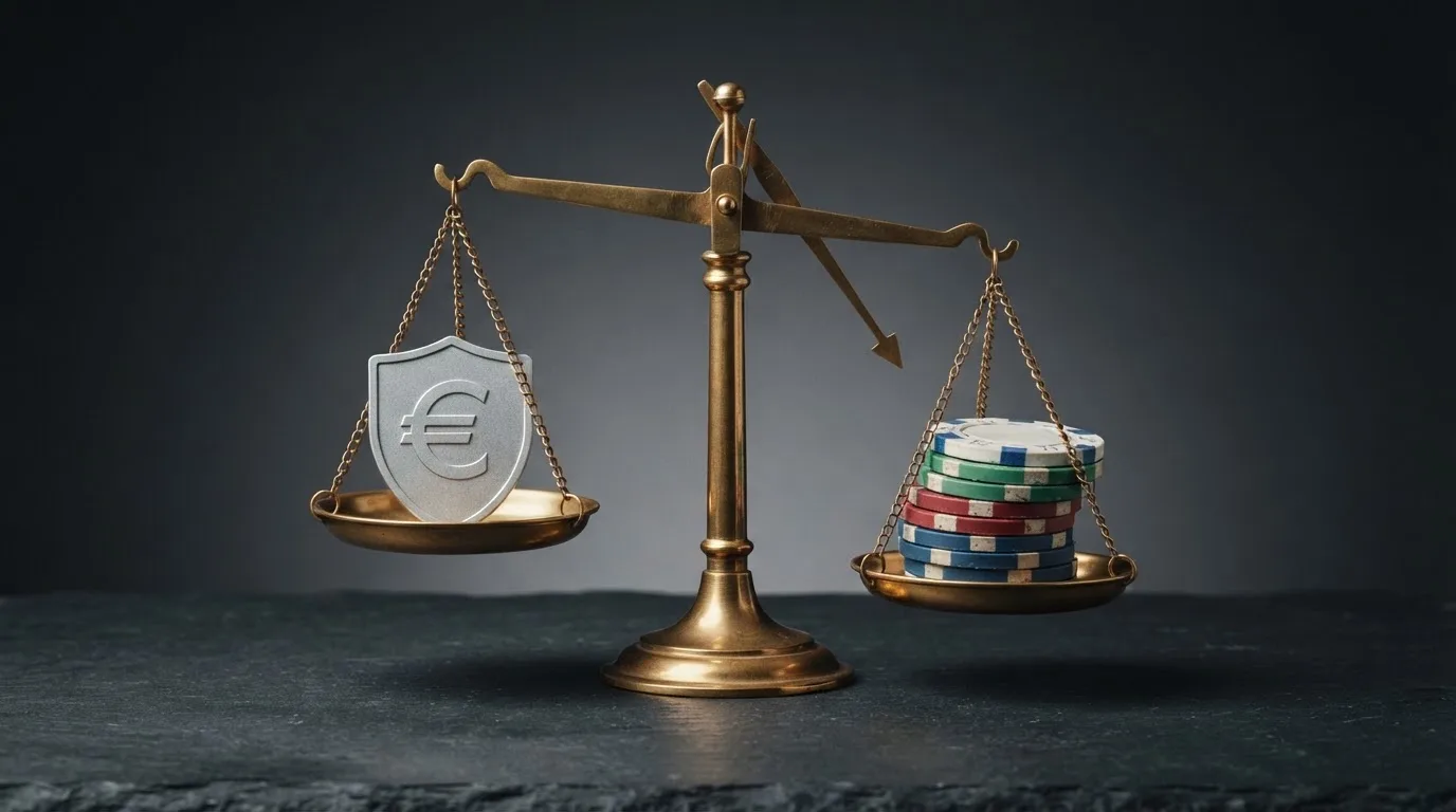 Una balanza con dos platillos: en el izquierdo, el sello de la DGOJ y las siglas .es sobre un escudo; en el derecho, fichas de TRX sobre logos de casinos con licencias de Curaçao, Anjouan y Costa Rica
