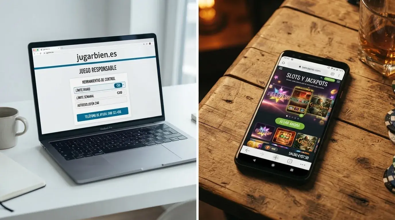 Pantalla dividida: a la izquierda, el sello de la DGOJ y el dominio .es; a la derecha, un sello de Curaçao eGaming y un dominio .com