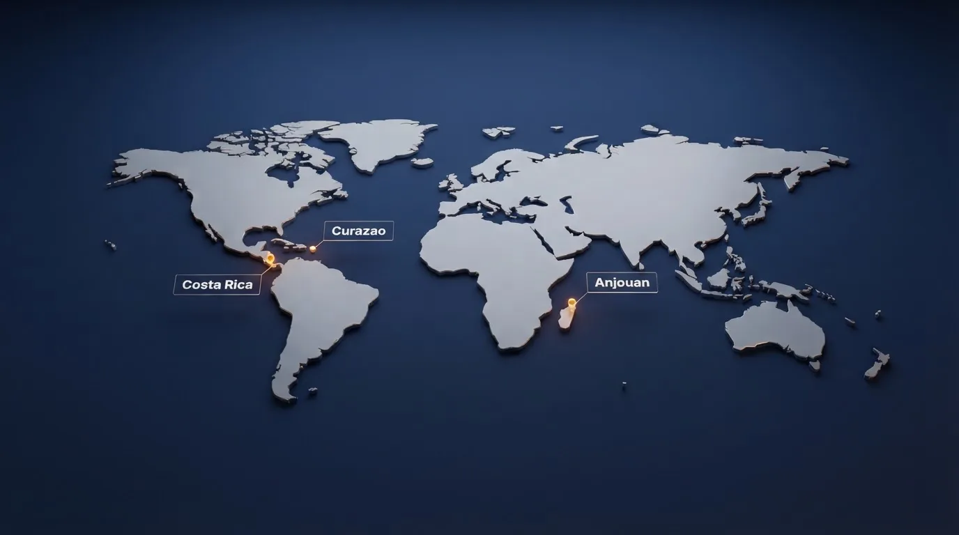 Mapa simplificado que señala Curazao, Anjouan y Costa Rica como jurisdicciones emisoras de licencias para casinos con BNB