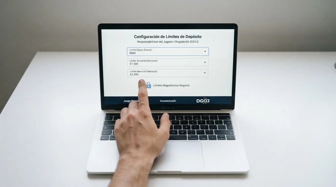 Una captura conceptual de la interfaz de límites de depósito de un casino online español con los importes por defecto visibles (600 €, 1.500 €, 3.000 €) y un candado que simboliza la supervisión de la DGOJ