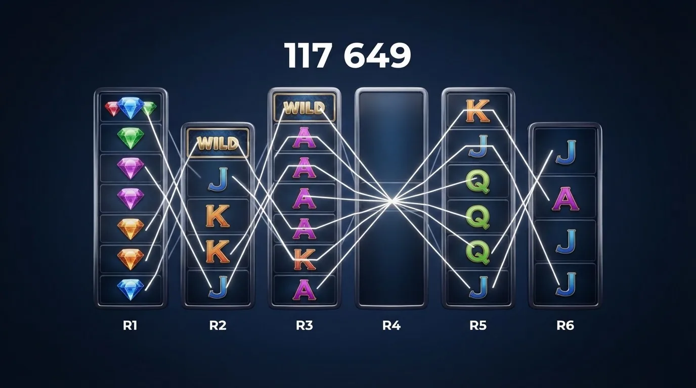 Diagrama del motor Megaways mostrando seis carretes con entre 2 y 7 símbolos cada uno