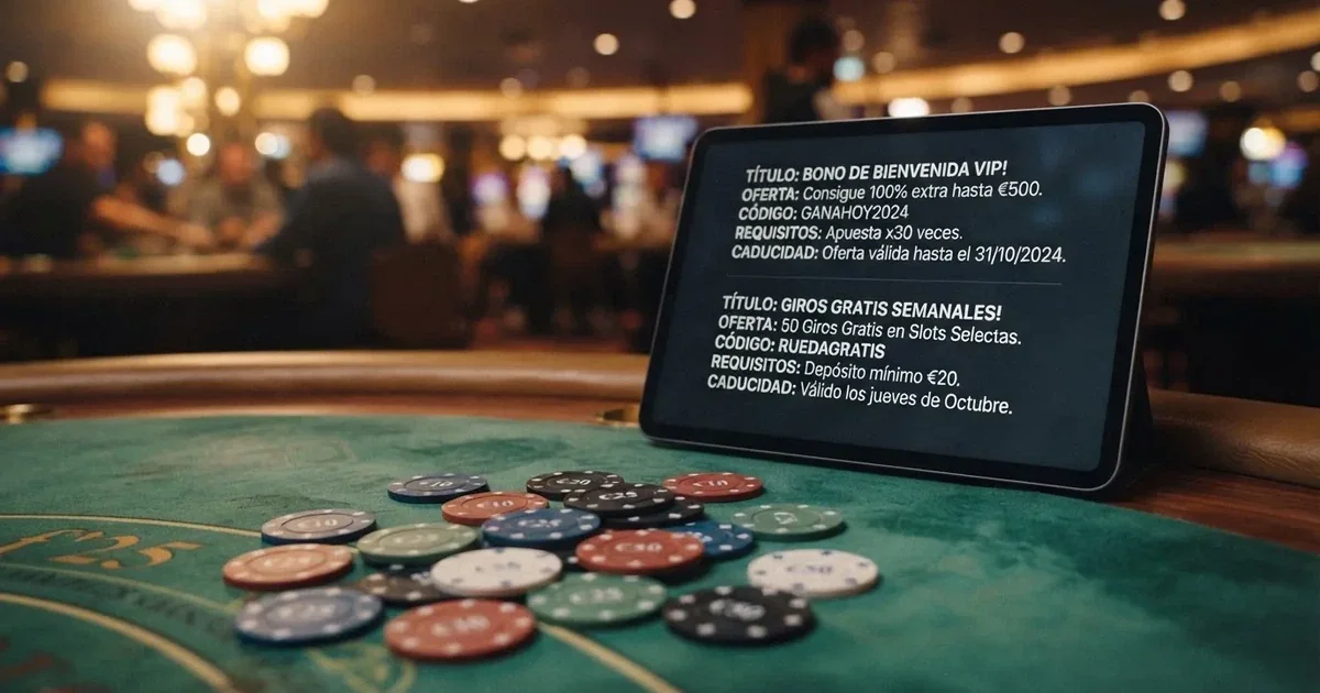 Comparativa de pantallas de promociones de bienvenida de casinos online españoles con sus condiciones visibles y su letra pequeña