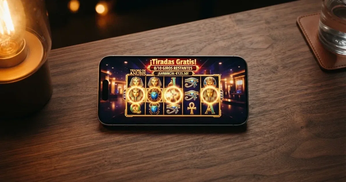 Pantalla de un casino online español mostrando una promoción de tiradas gratis sin depósito en una tragaperras