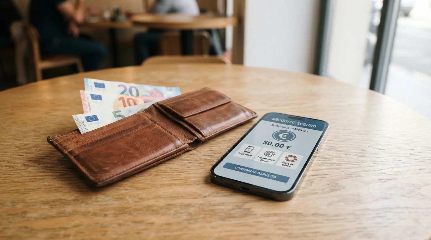 Una cartera abierta sobre una mesa de café junto a un móvil que muestra la pantalla de depósito de un casino, con los iconos de Bizum, PayPal, tarjeta y transferencia visibles en la pantalla