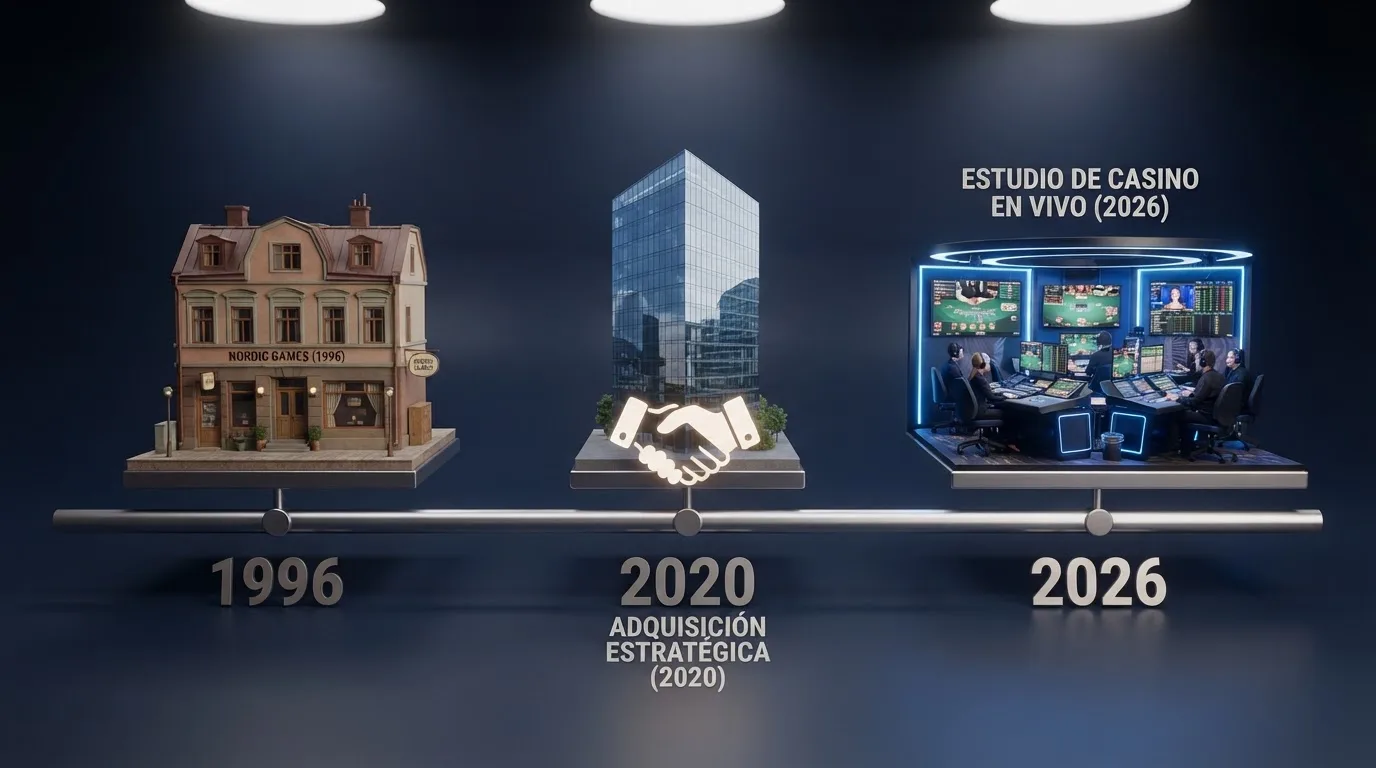 Una línea de tiempo visual con tres hitos: 1996 (fundación en Suecia), 2020 (adquisición por Evolution), 2026 (presencia consolidada en el mercado regulado español)