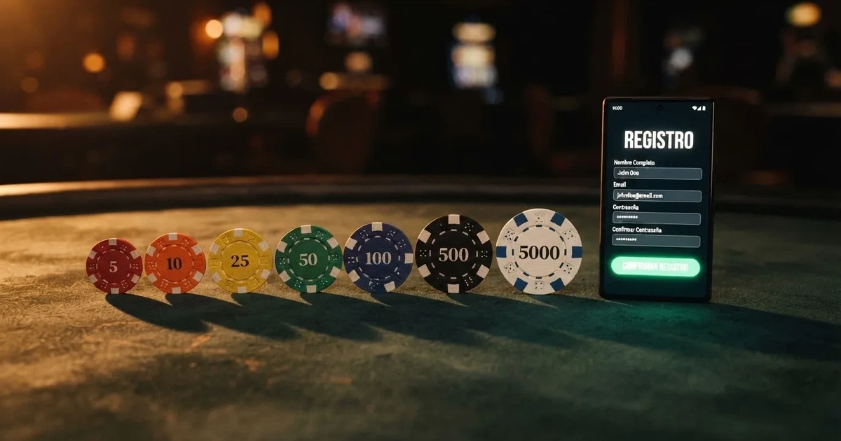 Comparativa visual de los bonos sin depósito de los diez casinos nuevos analizados, con fichas de casino y un móvil mostrando una pantalla de registro