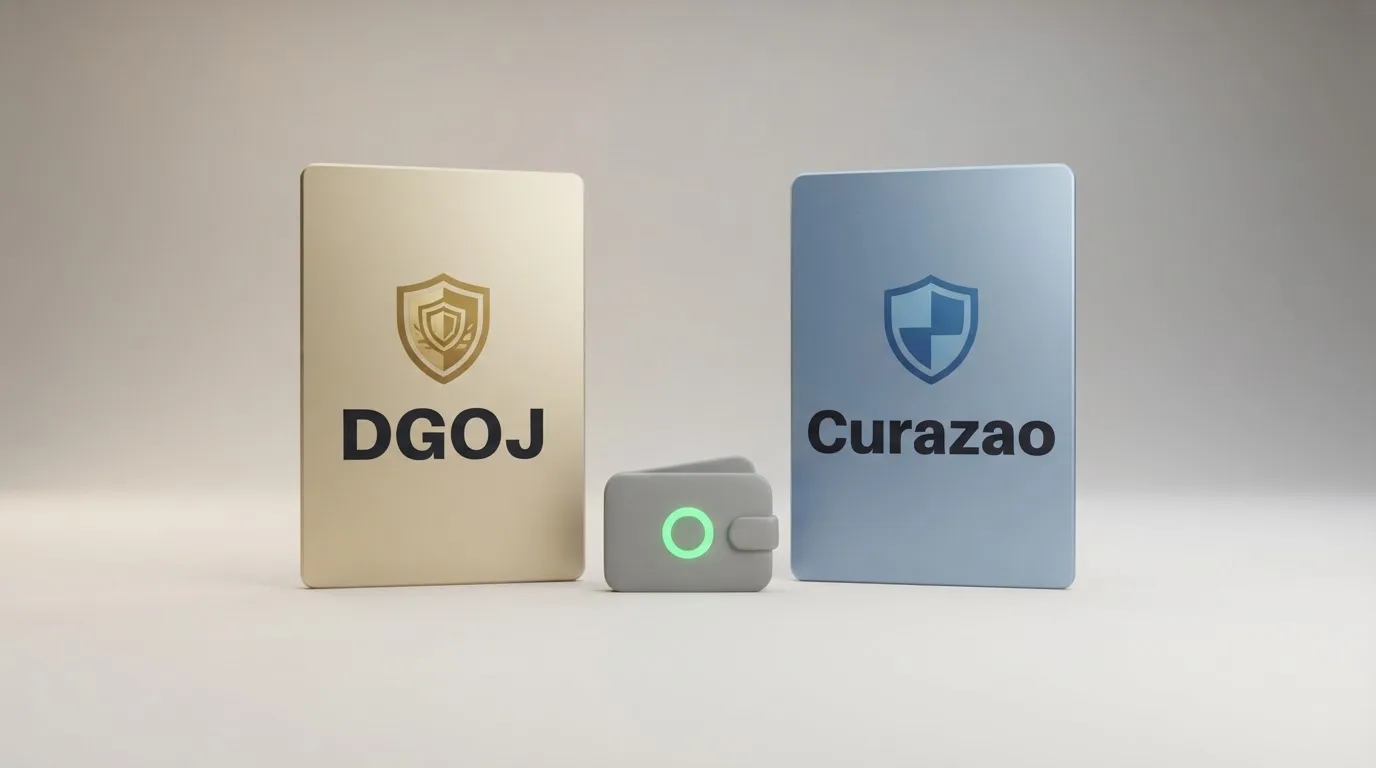Representación visual del contraste entre el marco DGOJ español y el sistema de licencias offshore de Curazao, con un monedero BCH en el centro